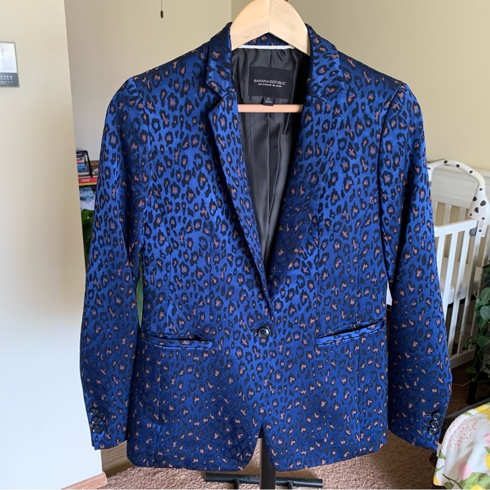 Banana Republic Boyfriend Blazer Blue Leopard Print 0